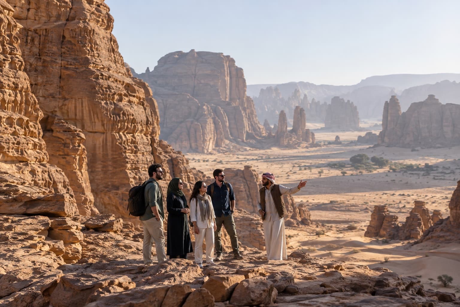 A tour group exploring sandstone formations