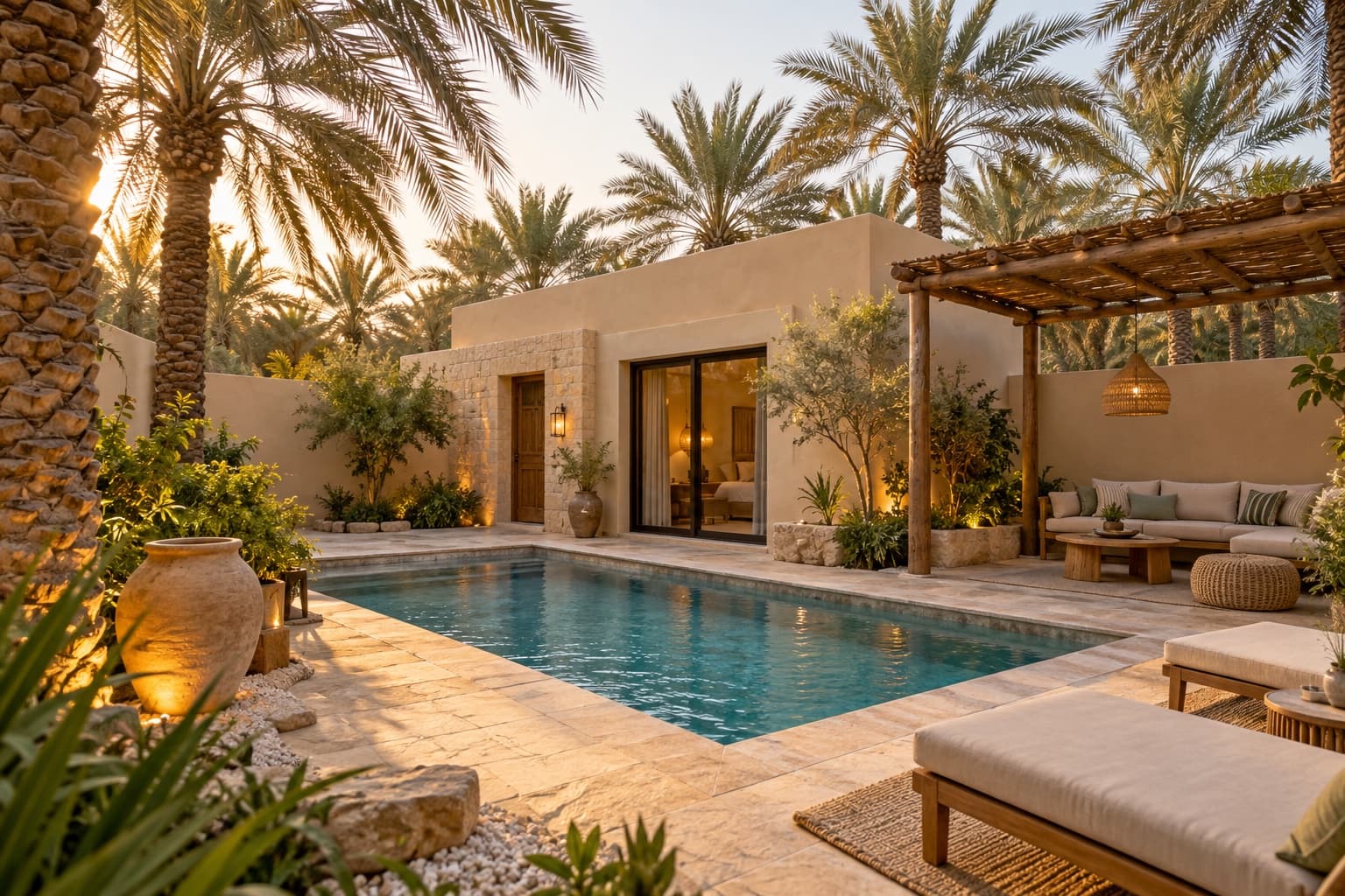 A private chalet with a pool, courtyard and outdoor seating among Al Ahsa palm trees