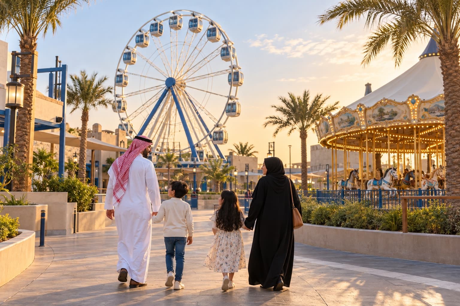 A family strolling through a Saudi leisure park with a Ferris wheel and carousel