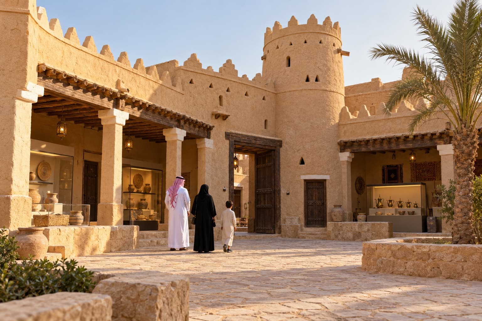 Visitors in a Saudi heritage-house courtyard with a tower, shaded walkways and a small collection display
