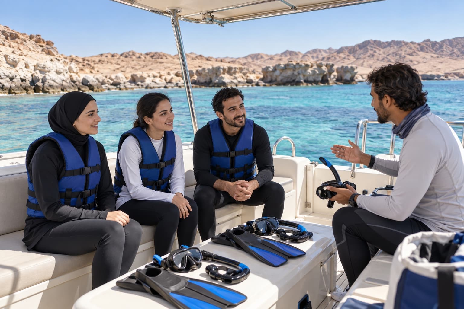 Guests wearing life jackets listening to a guide aboard a Red Sea snorkeling excursion boat