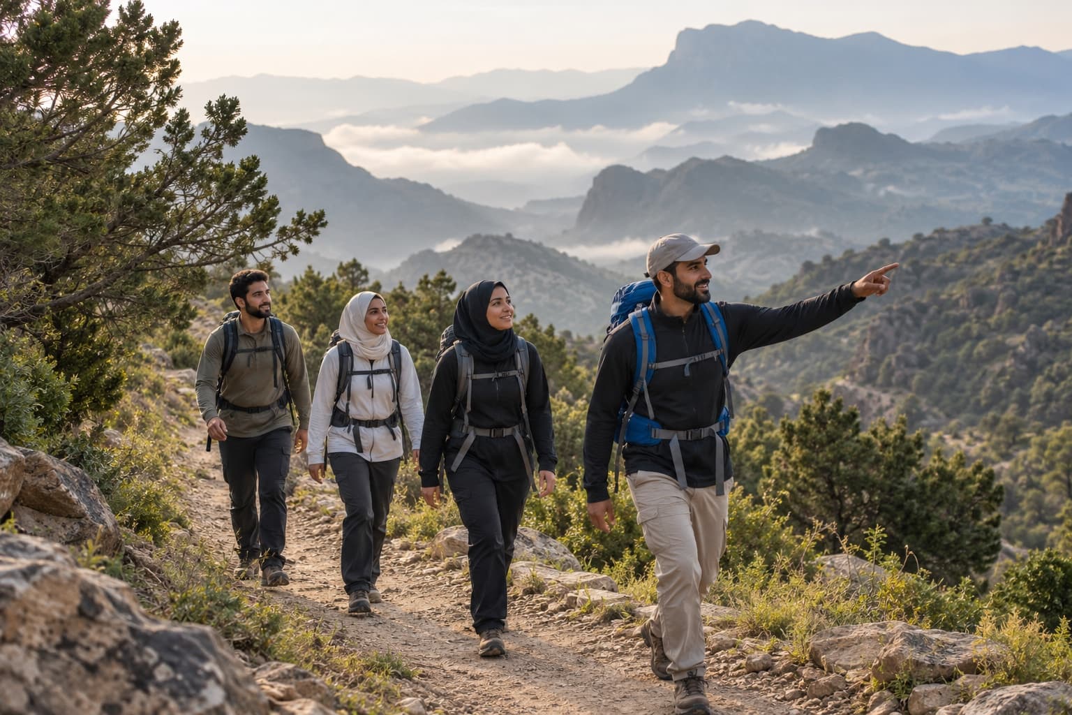 A guided hiking group on a broad trail among juniper trees in the Aseer highlands