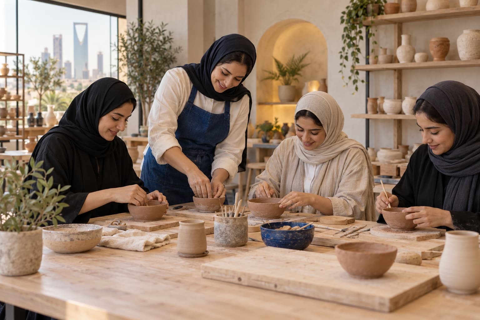 Learning to shape clay in a Saudi pottery studio