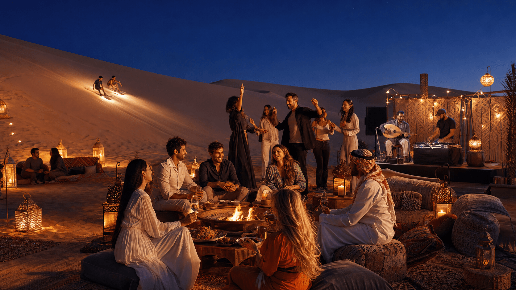 Guests enjoying music, food, and sandboarding at a desert night experience