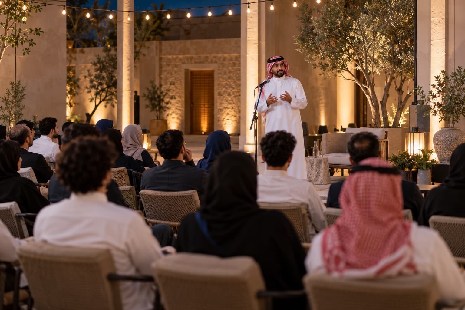 A speaker addressing guests at an evening cultural gathering