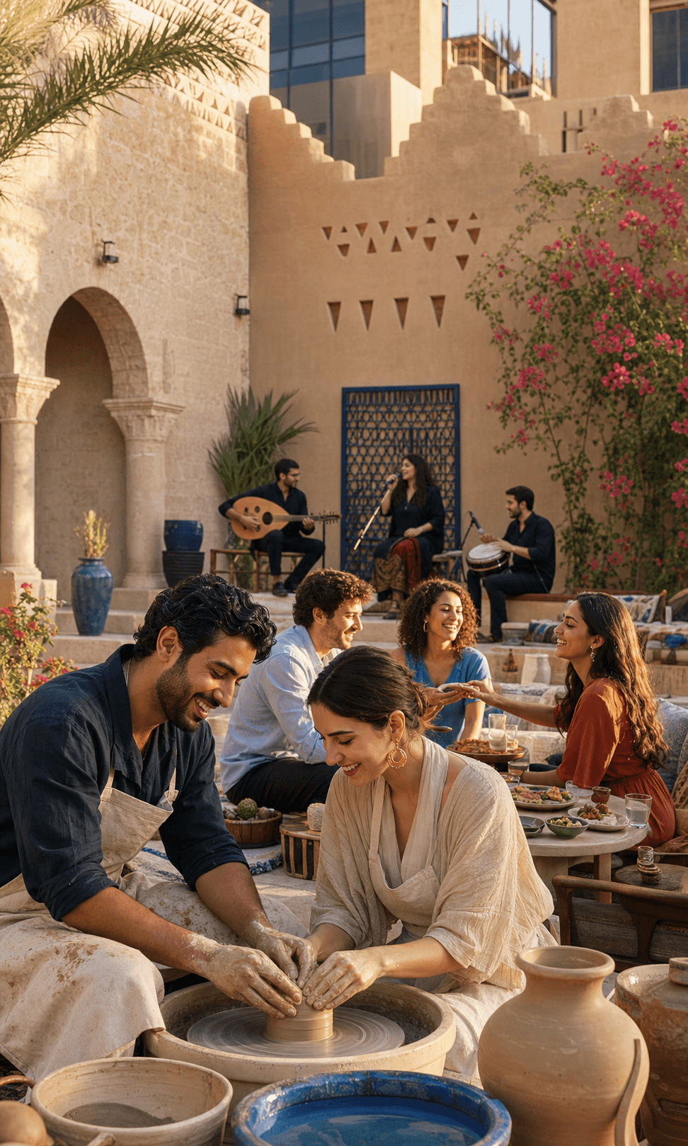 Middle Eastern and European friends enjoying pottery, food, and live music in an open-air courtyard