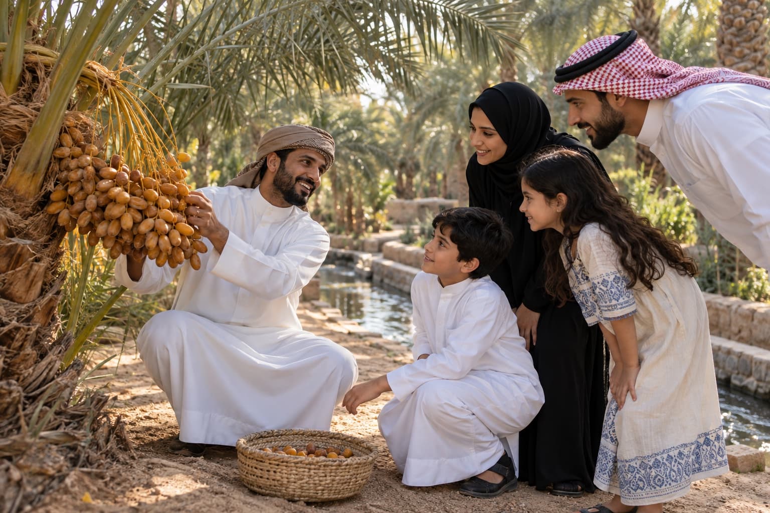 A family learning about dates with a farm guide