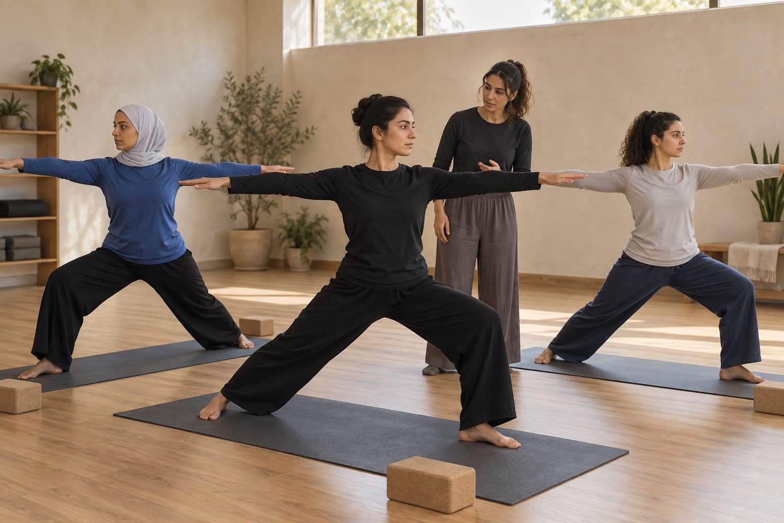 A female instructor with three participants in a women-only yoga studio